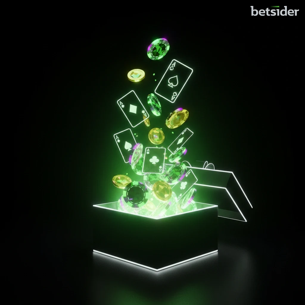 A colourful gift box overflowing with gold coins and casino chips, representing a welcome bonus.