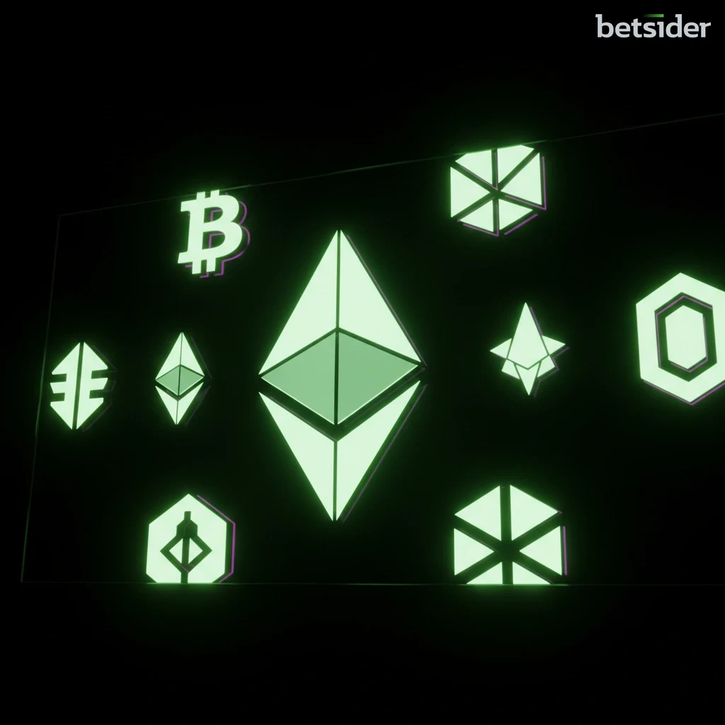 A digital display showing logos of multiple cryptocurrencies including Bitcoin, Ethereum, and Litecoin.