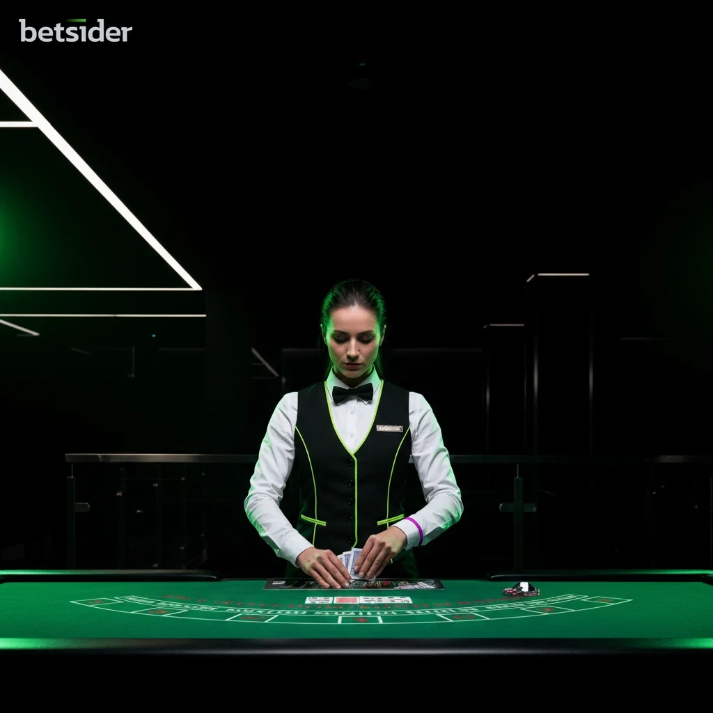 A professional live casino dealer smiling behind a blackjack table