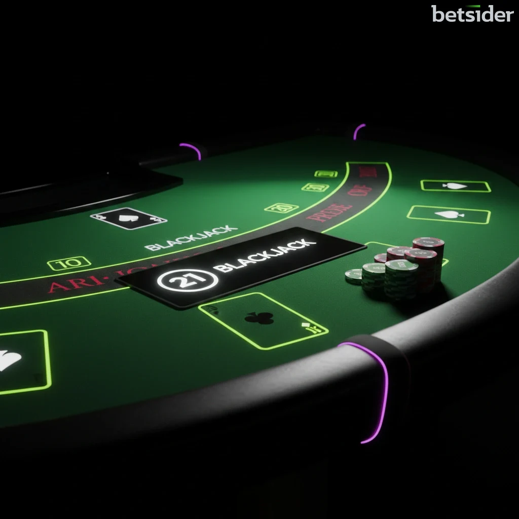 A digital blackjack table displaying a player hand of a king and an ace, equaling 21.