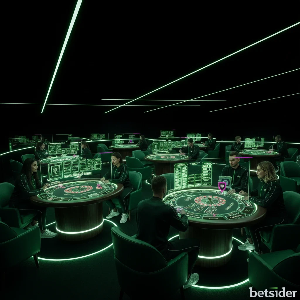 A professional live dealer standing at a Roulette table in a high-definition studio.