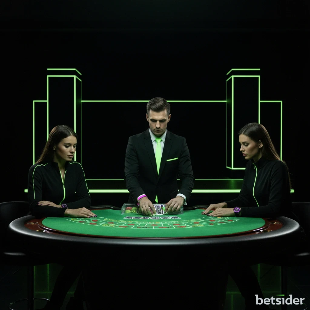 Wide view of a live blackjack table with digital betting interface.